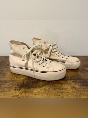 Canvas High-Top Platform Sneakers in Cream with Red & Black Stripe